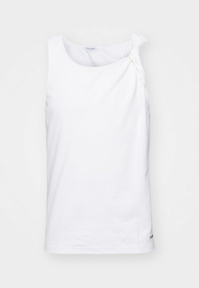 Haut sans manches blanc en tissu doux, avec un détail de nœud à l'épaule. Design simple avec une coupe droite et un logo discret au bas.
