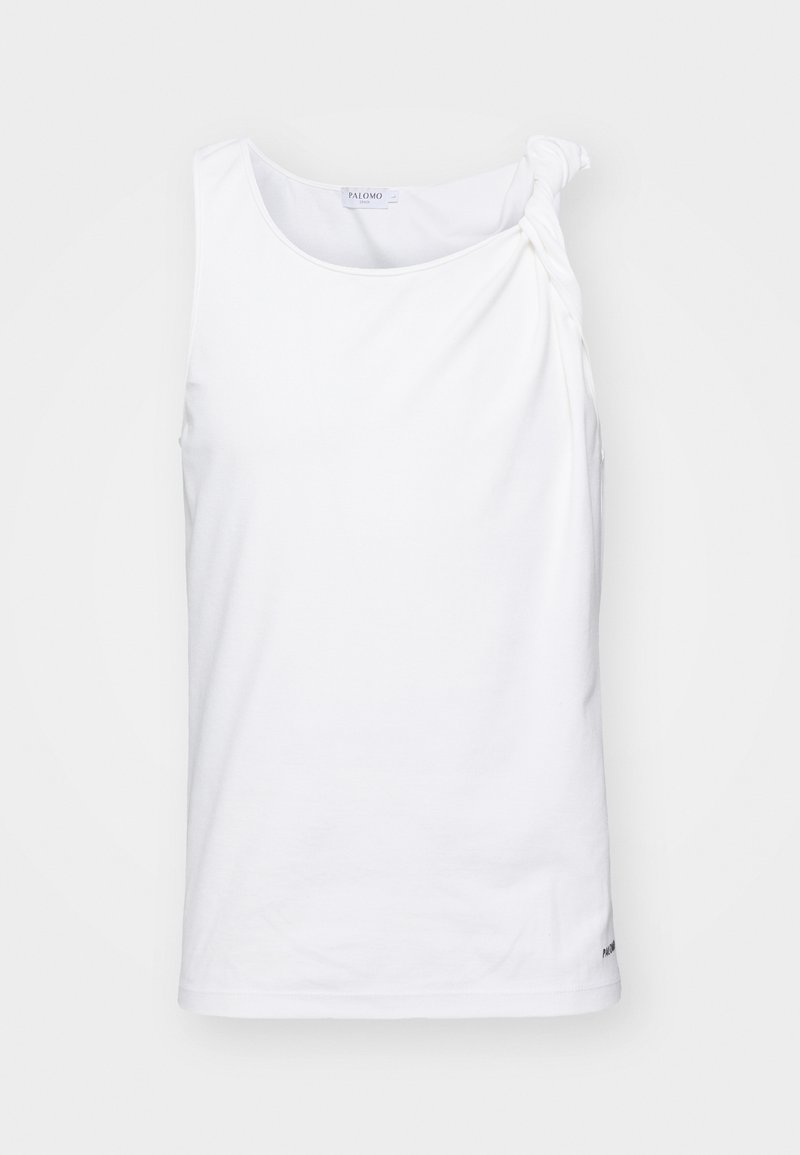White sleeveless top made of soft fabric, featuring a knotted shoulder detail. Simple design with a straight fit and subtle logo at the hem.
