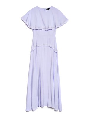 Abito maxi lavanda con sovrapposizione di cappuccio a arricciature e dettagli in vita, caratterizzato da delicate rifiniture dorate lungo i bordi.