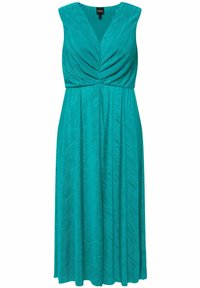 Vestido sin mangas color verde azulado con escote en V, con textura plisada en todo el vestido y un cuerpo ajustado que fluye hacia una falda en forma de A.
