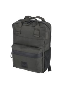 Sac à dos rectangulaire gris foncé avec une poche zippée à l'avant, deux poignées supérieures, une poche en mesh sur le côté et des tirettes de fermeture éclair noires.