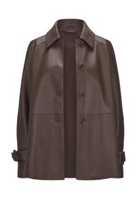 Braune Lederjacke mit Kragen, fünf vorderen Knöpfen und seitlichen Schnallendetails. Glatte Textur und lockere Passform.