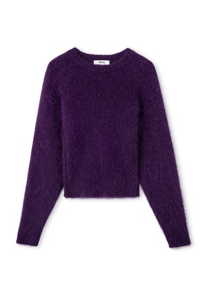 Paarse cropped trui met lange mouwen, geribbelde textuur en zacht, pluizig materiaal. Heeft een klassieke ronde halslijn.