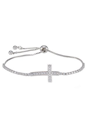 Bracciale in argento con una croce centrale decorata con cristalli trasparenti, su una catena sottile con lunghezza regolabile. Include due piccole perline metalliche.
