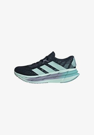 Black and light blue Adidas running shoe with mesh upper, prominent sole, and three light blue stripes on the side.