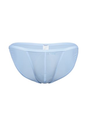 Hellblaue Herren-Slip-Unterwäsche mit kleinem Logo vorne und elastischem Bund auf weißem Hintergrund.