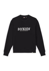 Černá mikina vyrobená z bavlny, s kulatým výstřihem, dlouhými rukávy a bílým logem, které zní "DICKIES - NAVRŽENÝ, ABY VYDRŽEL OD ROKU 1922."