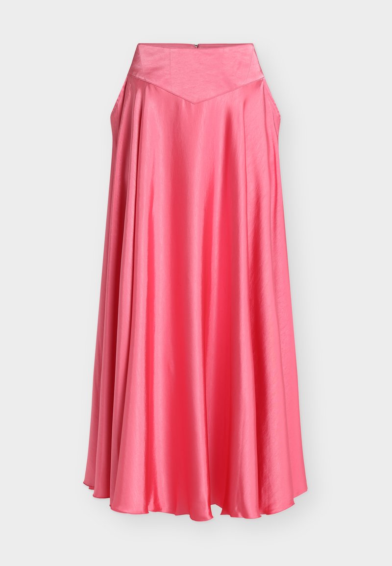 Ροζ μάξι φούστα από σατέν με φουσκωτή σιλουέτα, βαθύ V σχήματος ζώνη μέσης και λεία, γυαλιστερή υφή. Κλείνει με φερμουάρ στο πίσω μέρος.