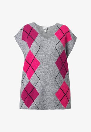 Graues ärmelloses Strickoberteil mit V-Ausschnitt, das mit rosa und dunkelmagentafarbenen Rautenmuster in Schwarz umrandet ist.