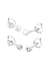 Pendientes de plata con dos pares: uno con perlas blancas y otro con cristales transparentes, ambos sujetos a postes de metal.