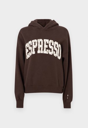 Felpa marrone con cappuccio e tasca frontale a marsupio, con una grafica sovradimensionata "ESPRESSO" in colore crema chiaro. Tessuto morbido e vestibilità comoda.