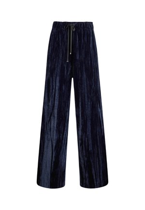 Pantaloni a gamba larga blu navy realizzati in velluto morbido e strutturato con vita regolabile. Pattern a righe verticali visibile sulla superficie del tessuto.