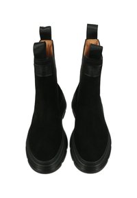 Botines de ante negro con un diseño elegante, punta redondeada y suela de goma. Presentan dos lengüetas de tirón y un forro interior marrón suave.