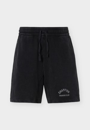 Pantaloncini da uomo neri con coulisse, vita elastica, tasche laterali e scritta "Champion Training Club" sulla parte bassa della gamba sinistra.