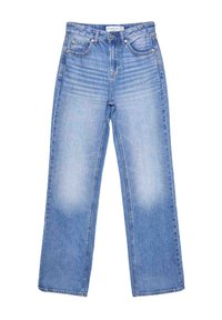 Vaaleansiniset farkut, joissa on korkea vyötärö, suora lahje, etuosan haalistuminen ja klassinen viiden taskun muotoilu.