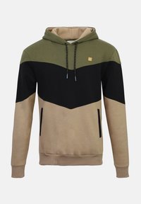 Φούτερ με κουκούλα σε σχέδιο με μπλοκ χρωμάτων σε ελιά πράσινο, μαύρο και μπεζ. Διαθέτει μπροστινή τσέπη και κουκούλα με ρυθμιζόμενο κορδόνι.