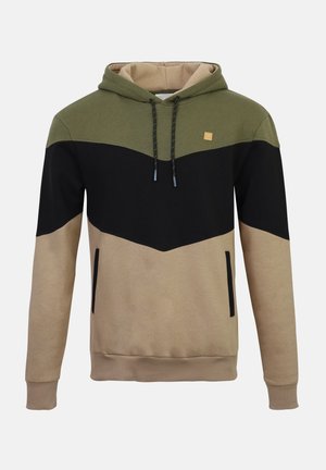 Φούτερ με κουκούλα σε σχέδιο με μπλοκ χρωμάτων σε ελιά πράσινο, μαύρο και μπεζ. Διαθέτει μπροστινή τσέπη και κουκούλα με ρυθμιζόμενο κορδόνι.