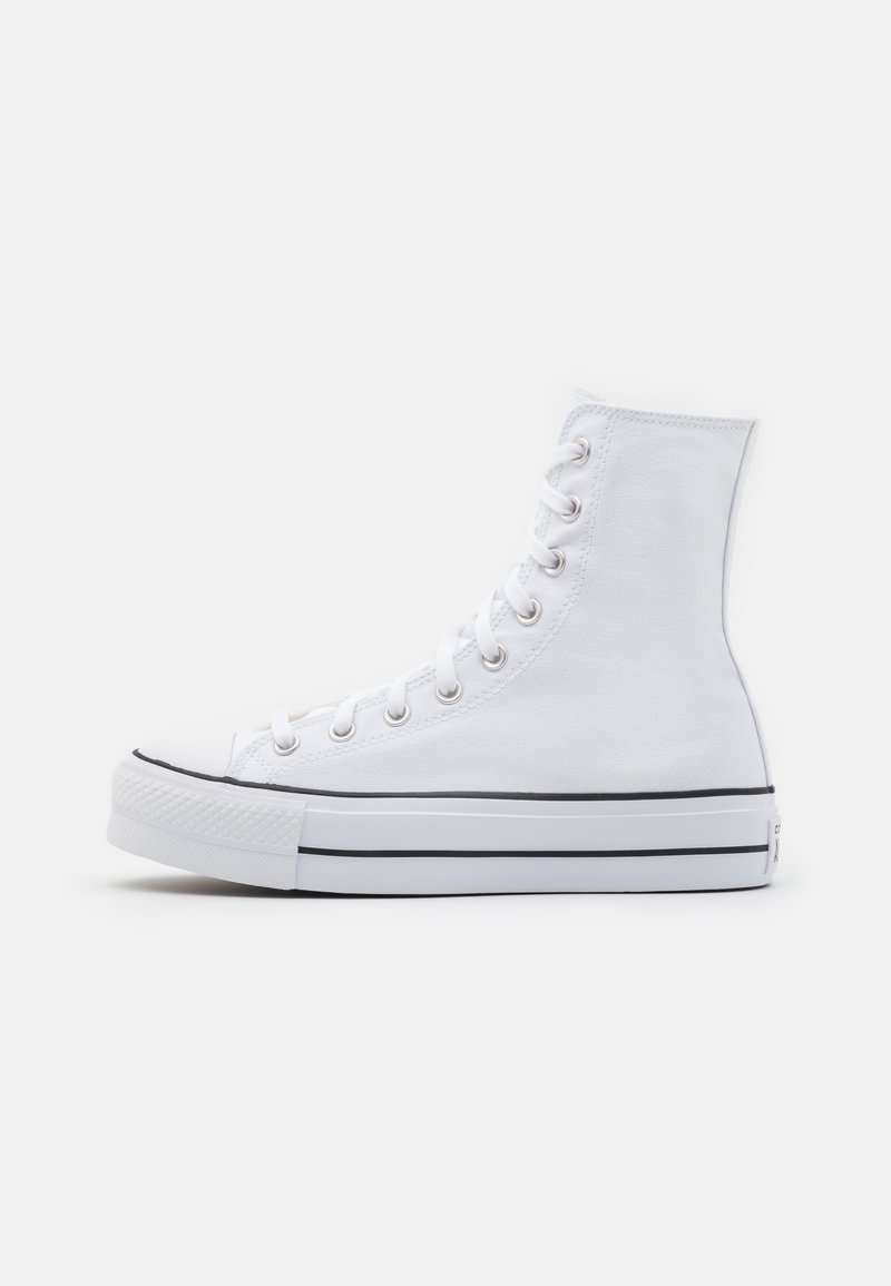 High-top white canvas sneaker with a rubber toe cap, black accents, lace-up front, and textured sole. Sturdy and breathable design.