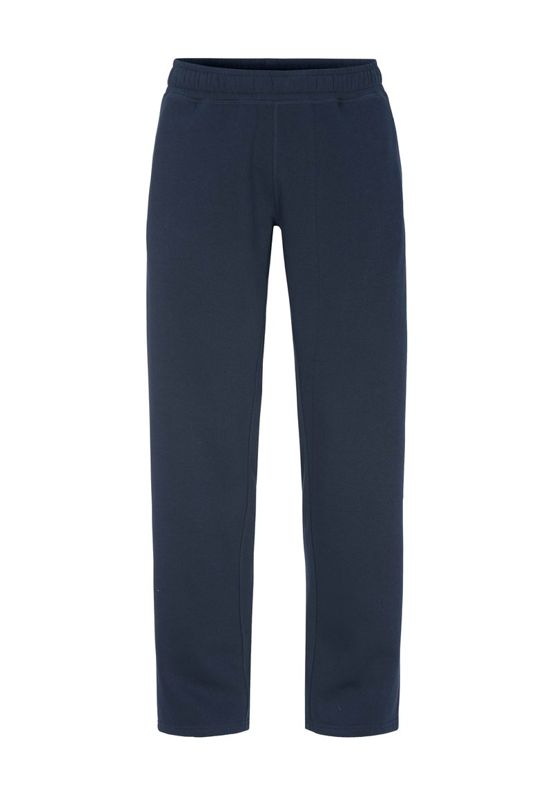 Marineblauwe joggingsbroek van zacht fabric, met een elastische tailleband en zijzakken, een recht model en minimale stiksels.