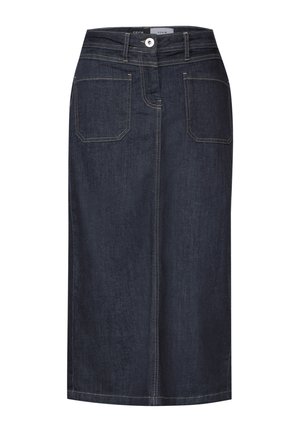 Dunkelblaue Denim-Midikleid mit geradem Schnitt, featuring zwei hinteren Taschen, kontrastierenden Nähten und einer vorderen Knopfleiste.
