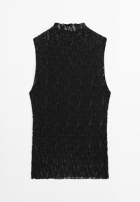 Haut noir sans manches en dentelle avec un col haut, présentant un motif floral et un tissu semi-transparent, étalé à plat sur un fond blanc.