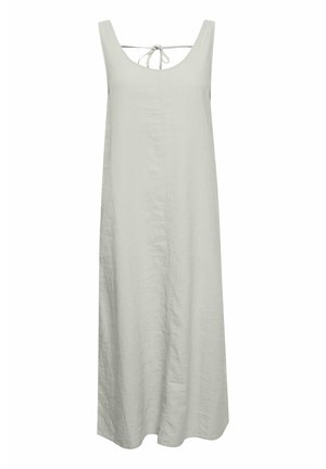 Vestido de lino gris claro con escote redondeado, lazo ajustable en la parte trasera y una silueta A-line relajada. Textura suave y sin patrones visibles.