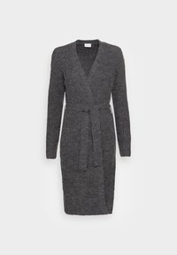 Grå stickad omslagsklänning med djup V-halsringning, långa ärmar och midjeband. Det strukturerade tyget ger djup, lämplig för avslappnade eller lagerbyggda stilar.