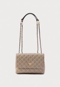Quilted beige handbag with a flap closure, featuring a triangular logo, silver stitching, and dual chain and leather straps.