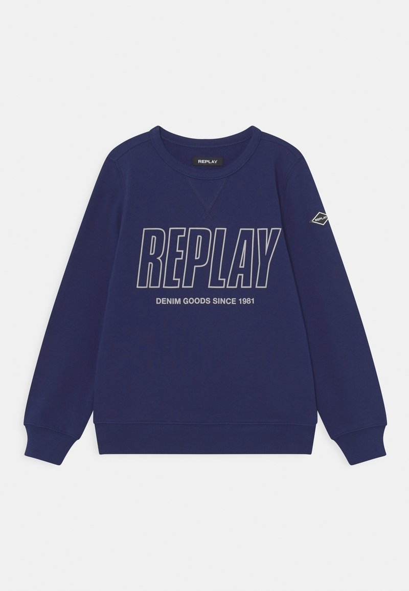Sweat-shirt bleu marine à manches longues avec les inscriptions "REPLAY" et "DENIM GOODS SINCE 1981" imprimées sur le devant, écusson logo sur la manche gauche.