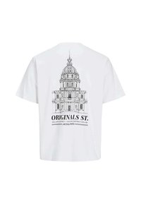T-shirt en coton blanc avec un graphique détaillé noir d'un bâtiment et le texte "ORIGINALS ST." en dessous, avec des manches courtes et un col rond.
