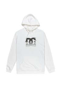 Biała bluza z kapturem wykonana z miękkiego materiału, z przednią kieszenią kangurką oraz regulowanym kapturem na sznurki. Zawiera czarny graficzny logo DC.