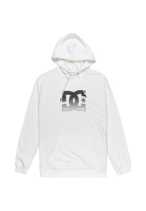 Hvid hættetrøje lavet af blødt stof, med en frontlomme og justerbar snøre i hætten. Viser et sort DC-logo grafik.