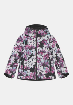 Chaqueta floral con base negra y flores grandes en tonos rosa y blanco. Tiene capucha, cremallera frontal y dos bolsillos laterales.