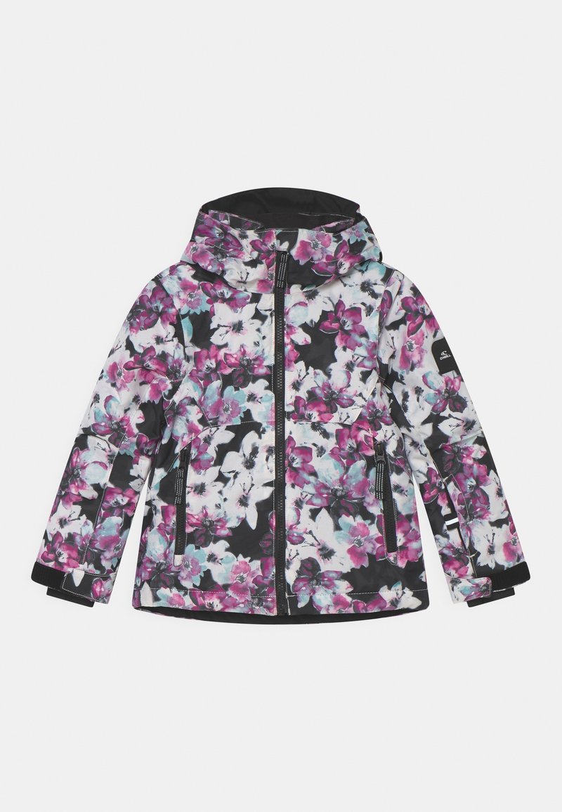 Giacca floreale con una base nera decorata da grandi fiori rosa e bianchi. Presenta un cappuccio, una zip frontale e due tasche laterali.