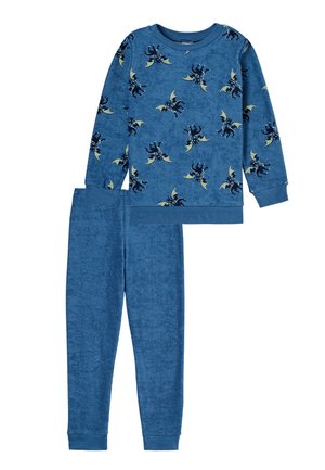 Blue fleece pajama set featuring a long-sleeve top with bat patterns and matching pants, both with elastic cuffs and soft texture.