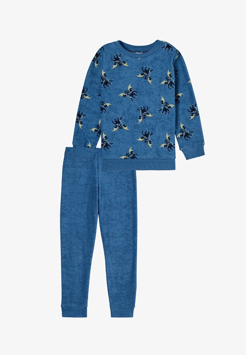 Blaues Fleece-Pyjama-Set mit einem langärmeligen Oberteil mit Fledermausmustern und passenden Hosen, beide mit elastischen Bündchen und weichem Material.