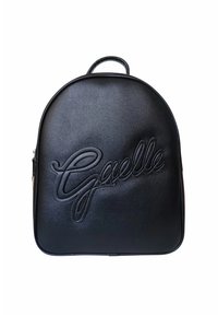 Zaino in pelle nera con forma arrotondata, logo "Gaelle" in rilievo sul davanti, manico superiore e chiusura con zip. Texture liscia e hardware minimale.
