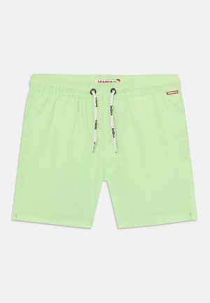 Svetlo zeleni kopalni šortyi z elastičnim pasom, vrvico za zapiranje in stranskimi razporki. Imajo logotip na pasu.