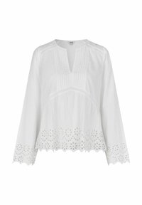 Blusa di cotone bianca con maniche lunghe, scollatura a V, pannelli texture e inserzioni floreali ritagliate lungo l'orlo. Design leggero e morbido.