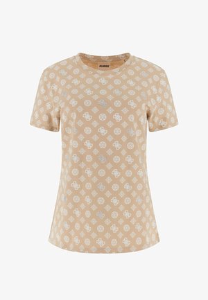 Beige T-Shirt mit kurzen Ärmeln aus weichem Stoff, verziert mit einem weißen Muster und silbernen Akzenten. Rundhalsausschnitt und lockere Passform.