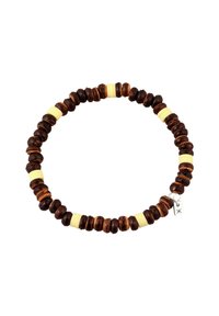 Bracelet en perles en bois brun avec des perles intercalaires jaunes alternées et un petit charm en argent. Forme circulaire, texture lisse et tailles de perles variées.