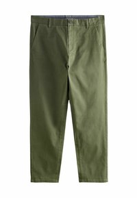 Olive green chinos made of cotton blend fabric, featuring side pockets, a button closure, and a smooth texture with a tailored fit.