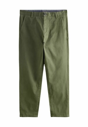 Olive green chinos made of cotton blend fabric, featuring side pockets, a button closure, and a smooth texture with a tailored fit.