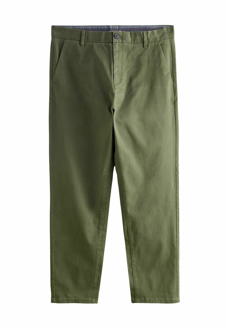 Olive green chinos made of cotton blend fabric, featuring side pockets, a button closure, and a smooth texture with a tailored fit.