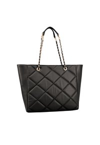 Zwarte gequiltte draagtas van synthetisch materiaal, met kettinghandvatten en accenten van gouden hardware, in een gestructureerde, rechthoekige vorm.