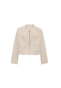 Creme tweedjakke med cropped design, frynsekanter, to forlommer og lynlås i midten. Den strukturerede stof giver detaljer.