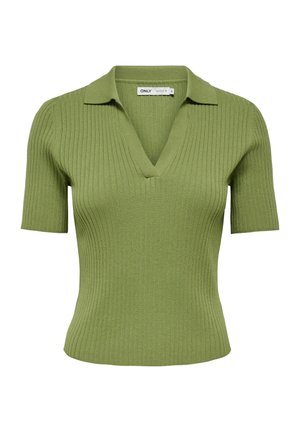 Haut à manches courtes en tricot côtelé vert olive avec un décolleté en V profond et un petit col.