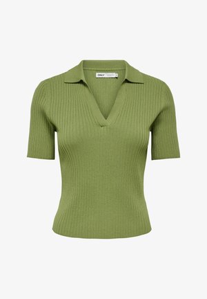 Olijfgroene geribbelde korte mouw trui met diepe V-hals en een kleine kraag.