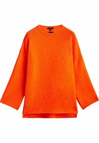 Pull en maille orange avec un col rond, des manches trois-quarts et une texture douce. Présente des poignets et un ourlet côtelés.