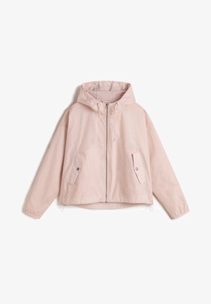 Chaqueta con capucha de color rosa claro, con cremallera frontal, dos bolsillos laterales y cordones ajustables en la capucha y el dobladillo. Tejido liso y ligero.